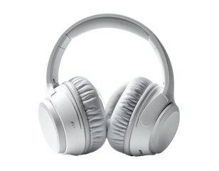 Over-ear, white headphones sit in front of a black backdrop, detailed, focused lighting