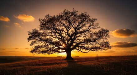 Naklejka premium Majestic Oak Tree Silhouette at Sunset.