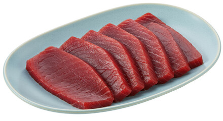 Fresh tuna slices on a plate, isolated raw fish fillet for sushi and sashimi preparation, no background PNG
