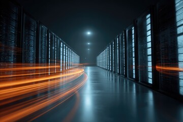 Data center hall with server racks illuminated by orange light trails. Dark, futuristic, and sleek