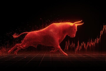 Red digital bull charging towards a rising stock chart, with a black backdrop