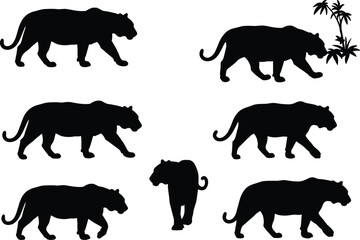 Tiger silhouette vector, panther walking pose, jungle animal motion, black feline shape, wildlife illustration, rear view tiger, isolated design
