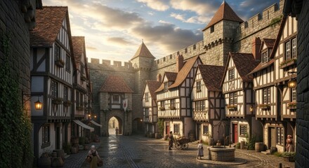 Fototapeta premium Medieval European Town with Half-Timbered Houses and Castle Walls.