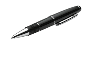 A sleek, black and silver pen, angled against a stark black backdrop