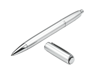 Shiny silver writing instrument with cap off, set against a black background