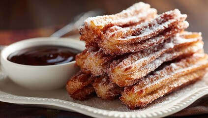 Delicious churros with chocolate dipping sauce, a sweet and crispy dessert.