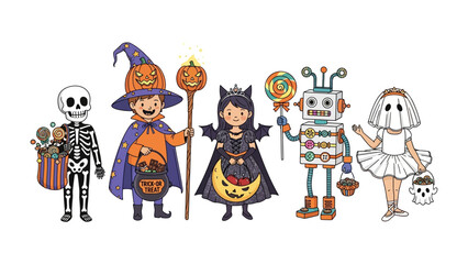 Halloween Characters' Fantasy World: A whimsical illustration of children in imaginative Halloween costumes, each embodying a unique character.