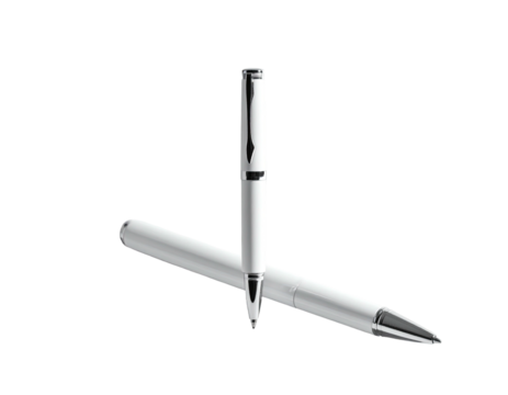 Two white pens, one standing upright, the other lying down, against black background