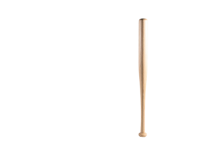 A vertically positioned wooden baseball bat against a stark, black background