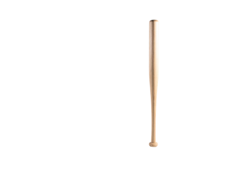 A vertically positioned wooden baseball bat against a stark, black background