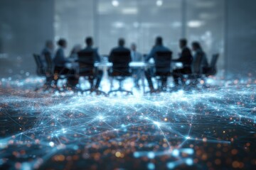 Blurred view of a boardroom meeting with a network of connecting data points in the foreground