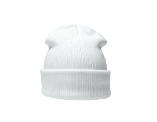 White, ribbed knit beanie hat isolated against a black background
