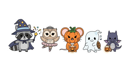 Halloween Critter Gathering: A delightful assortment of Halloween-themed critters, each in festive costumes, create a whimsical scene perfect for the spooky season!