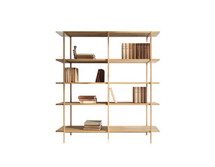 Wooden bookshelf holding various books, with a black background