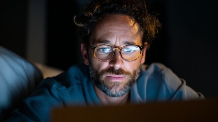 Obraz premium Man working on laptop in bedroom.