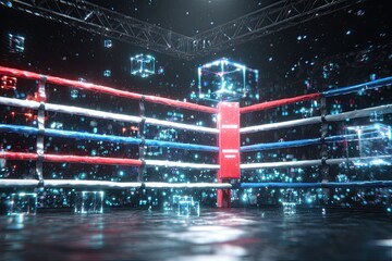 A futuristic boxing ring with neon lights and floating cubes, vibrant and immersive