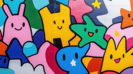 Obraz premium Colorful graffiti mural featuring playful cartoon characters in various shapes and vibrant colors, creating cheerful and lively atmosphere