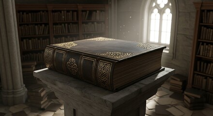 Ancient Book on a Pedestal in a Library.