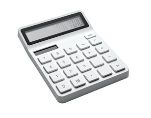 Modern white electronic calculator with digital display and numerous buttons