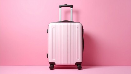 Light pink suitcase with vertical ridges and extended handle—set against whimsical pink backdrop with white clouds evokes dreamy travel, charm, and playful motion in minimalist wanderlust composition.