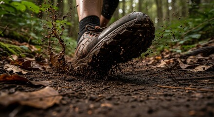 Extreme Close-Up of a Muddy Trail Running Shoe in Action