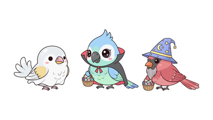 Cute Halloween Birds: Adorable cartoon bird characters, dressed in festive Halloween costumes, exude playful charm and seasonal cheer against a clean background. 