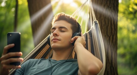 Man Listening to Guided Meditation in a Sun-Dappled Forest