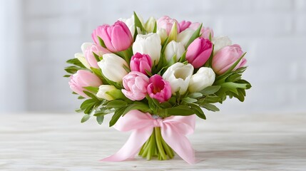 Obraz premium Vibrant tulips bouquet pink and white, generation AI 