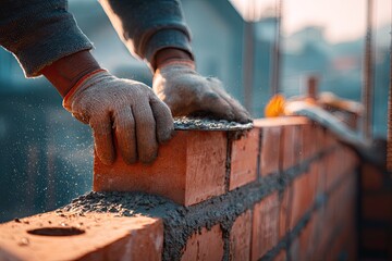 Close-up view of worker hands using a trowel to lay a red brick. Construction process