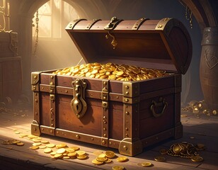 Treasure Chest Filled With Gold Coins.