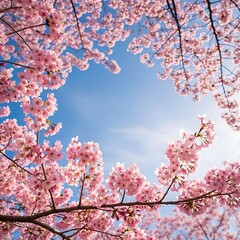 Pink cherry blossoms frame a bright blue sky offering a hopeful and serene vista of springtime renewal offering a