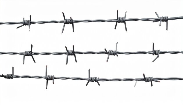 Barbed wire segment on white background—twisted strands and sharp barbs evoke confinement, protection, and tension in minimalist boundary symbolism composition.