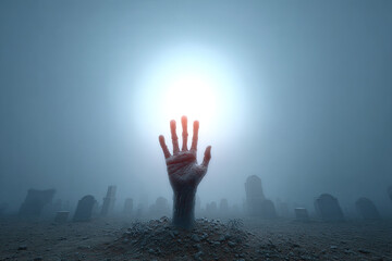 Rising hand from grave in foggy cemetery with eerie light