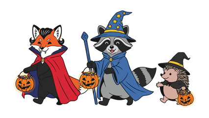 Halloween Woodland Creatures: A captivating illustration of a fox, raccoon, and hedgehog, each adorned in Halloween costumes, embarking on a trick-or-treating adventure.