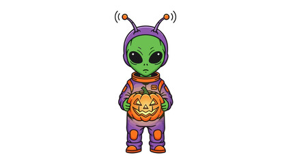 Cute Halloween Alien holding Pumpkin: Adorable alien character dressed in a purple outfit with a carved pumpkin, representing the spirit of Halloween.