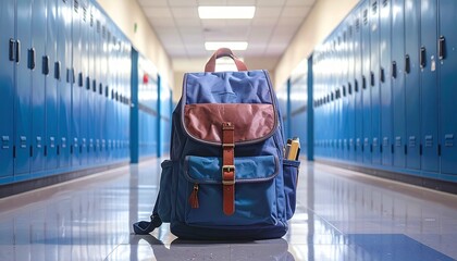 Teal backpack on shiny school hallway floor with blue lockers—low perspective and distant door evoke solitude, transition, and student life in minimalist educational passage composition.