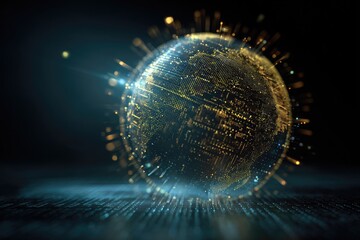 A digital globe overlaid with circuitry, emanating data streams, glowing against a dark backdrop