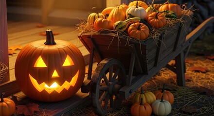 A lit jackolantern sits beside a rustic wheelbarrow filled with pumpkins and gourds amidst autumnal foliage