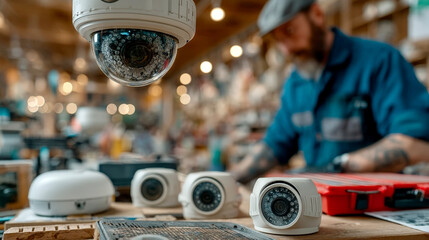 Technician working with modern surveillance cameras in workshop for security system installation