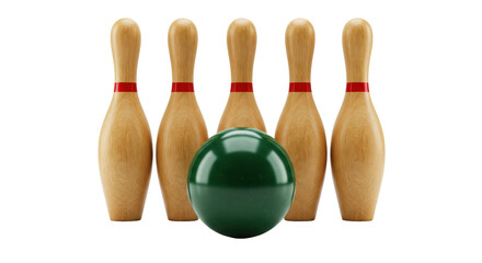 Bowling ball and pins isolated on white, classic wooden skittles with red stripes and a green ball for a strike in a bowling alley