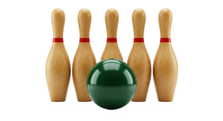 Bowling ball and pins isolated on white, classic wooden skittles with red stripes and a green ball for a strike in a bowling alley