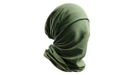 Olive-green head wrap draped, concealing
