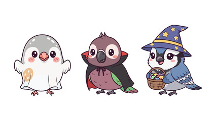 Spooky Avian Squad: A trio of adorable birds, decked out in delightful Halloween costumes, stand ready to celebrate, each embodying a unique element of festive fun.