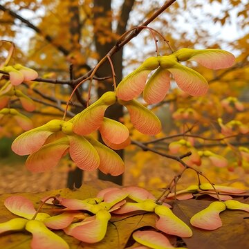 Autumn Maple Tree Samaras and Yellow Leaves Close Up.