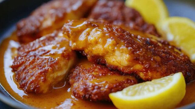 A close-up view of a plate of food with sliced lemons, ideal for use in cookbooks, blogs, or as a reference image