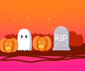 Background halloween cartoon style cute face, pumpkin ghosts  