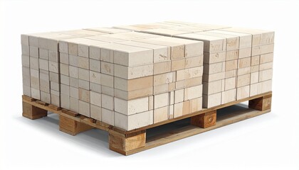 Stack of multicolored bricks on wooden pallet—red, orange, beige tones and neat rectangular layout evoke construction, materiality, and structure in minimalist industrial foundation composition.