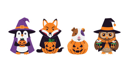 Obraz premium Spooky Creatures' Halloween: A vibrant illustration featuring a festive ensemble of animated creatures embracing the spirit of Halloween, each adorned in unique costumes, radiating playful vibes.