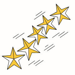 Vector art of five gold stars in a diagonal row, the stars suggest rating, review, feedback, success, and achievement, representing quality and excellence