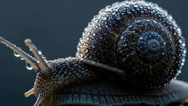 Close-up shot of a snail covered in water droplets, showcasing intricate shell details.